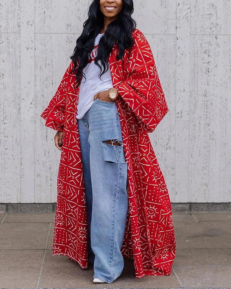Allover Print Open Front Long Sleeve Coat