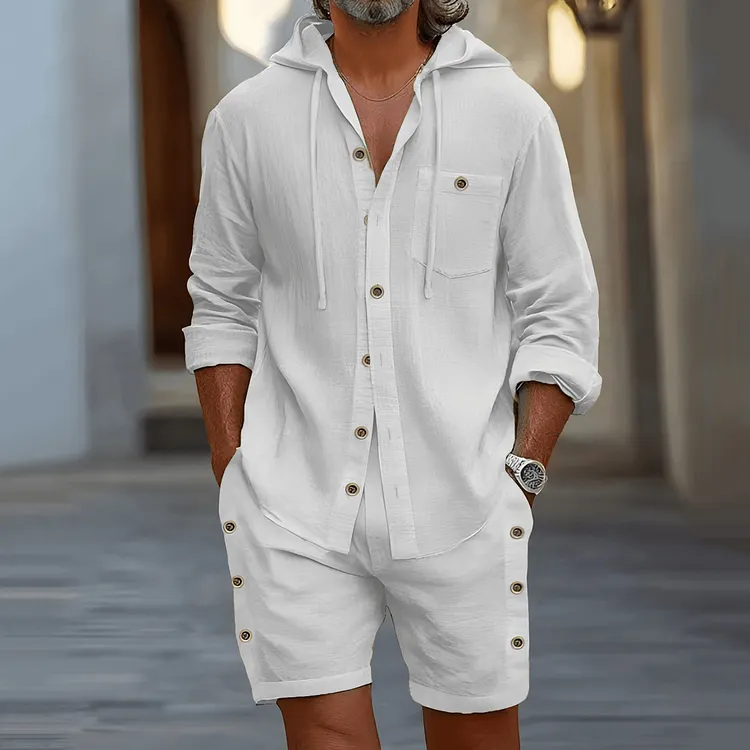 Cotton Hooded Solid Color Long-sleeved Shorts Vacation Set