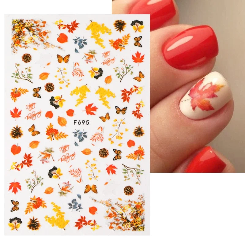1PC Maple Leaves 3D Nail Stickers Yellow Gold Leaves Flower Pattern Decals Slider Atummn Theme DIY Nail Art Decoration