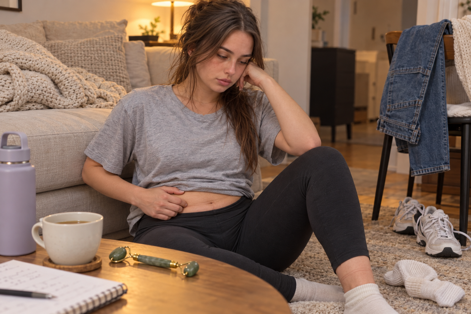 Woman surrounded by failed diet and debloat attempts