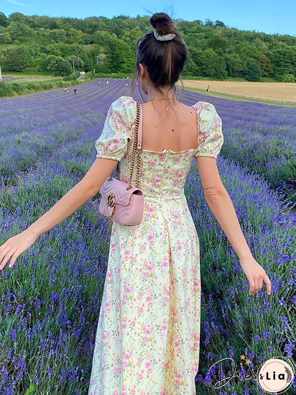 NewAsia Vintage Floral Dress Women Summer Square Collar Puff Sleeve Long Dress Sexy Off Shoulder Side Split A-line Dress