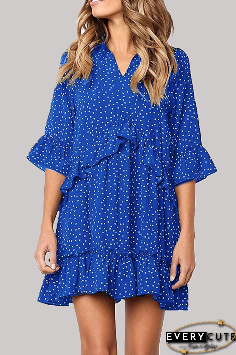 Fashion Casual Polka Dot Split Joint V Neck Princess Dresses