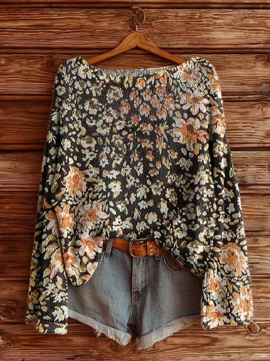 Women's Retro Flowers Print Casual Pullover Sweater