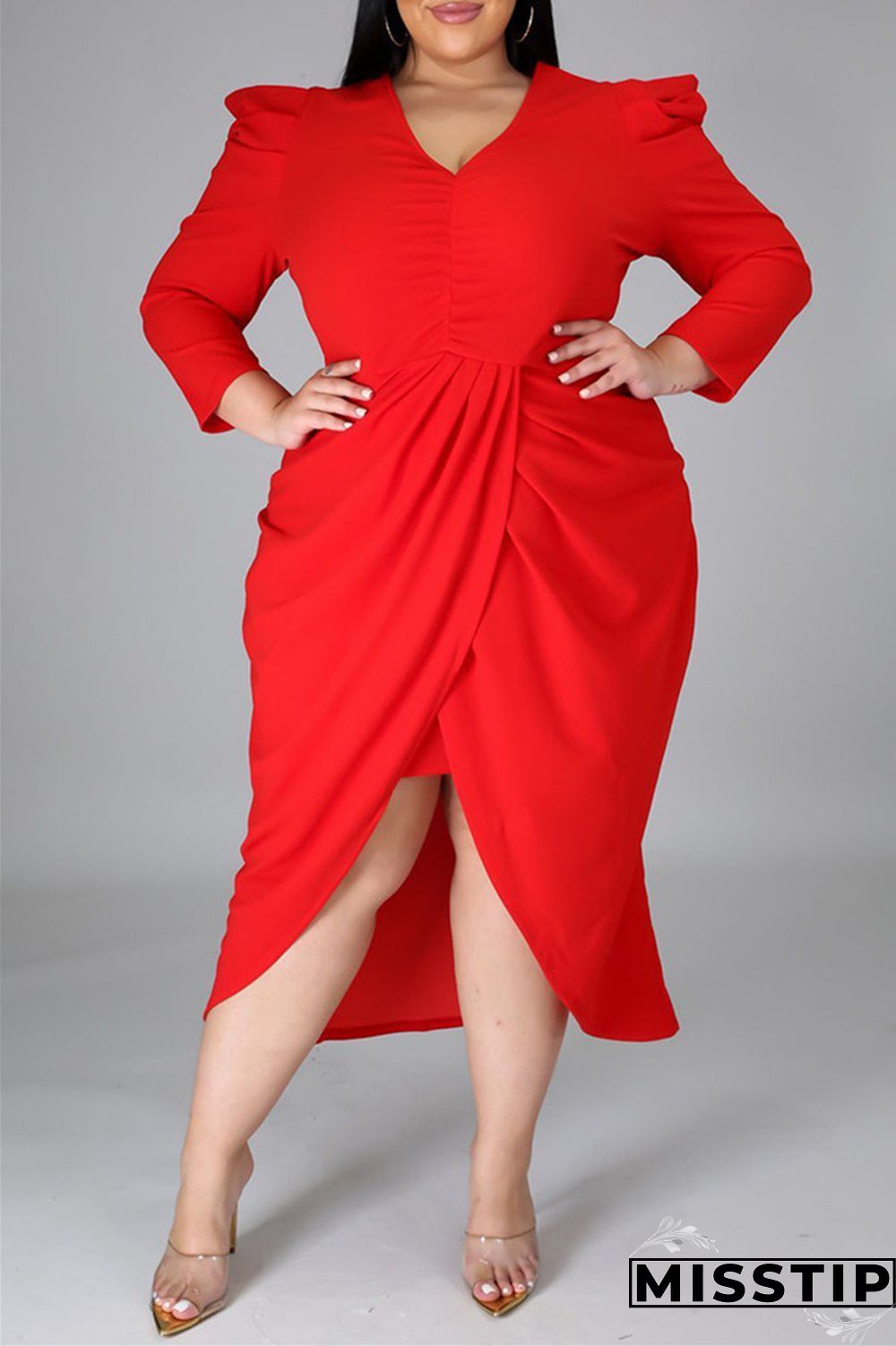 Black Fashion Casual Solid Patchwork V Neck Long Sleeve Plus Size Dresses