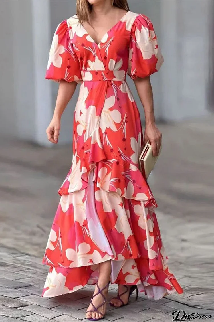 Elegant Floral Patchwork V Neck A Line Dresses