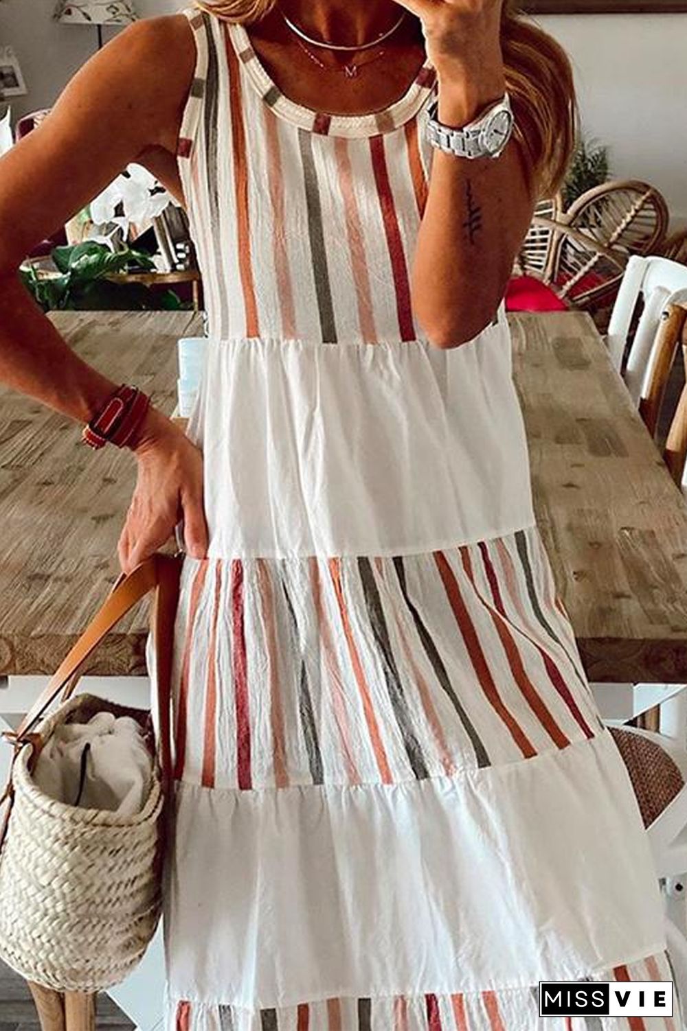 KarliDress Striped Contrast Color Sleeveless Dress P12814