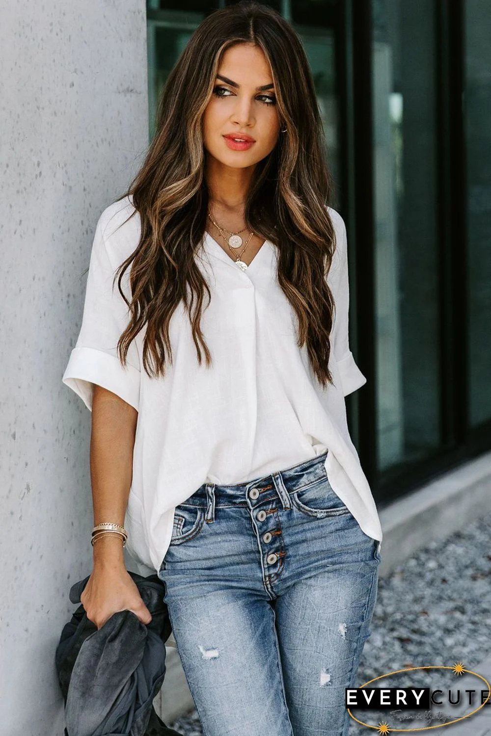 White Short Sleeve Button Solid Shirt