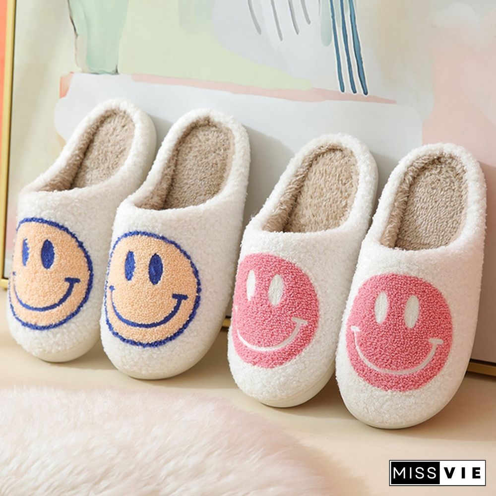 Winter House Girls Fur Slippers Cute Smiley Pattern Women Fluffy Warm Bedroom Ladies