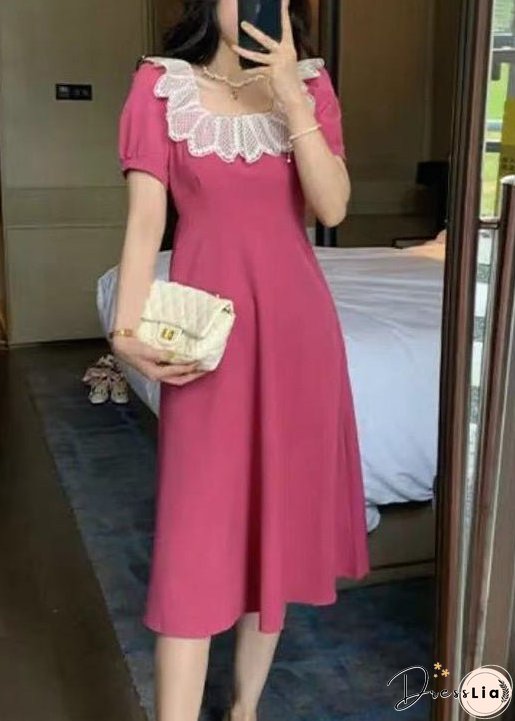 New Black Square Collar Solid Cotton Dress Summer