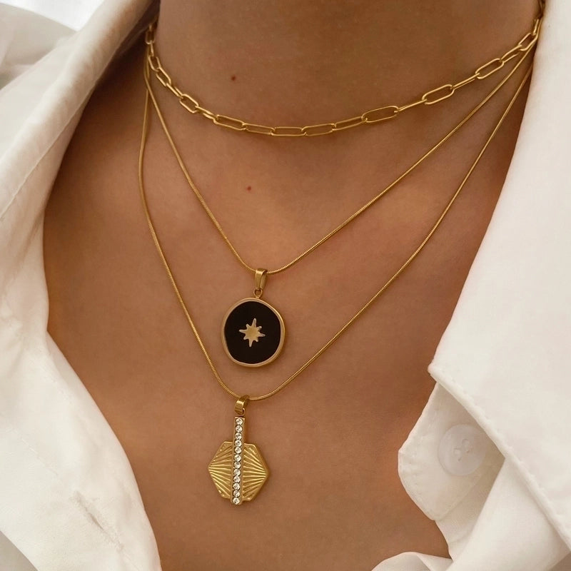 Nordic Style Retro Eight Awn Star Geometric 316L Stainless Steel  Rhinestones 18K Gold Plated Irregular Enamel Inlay Pendant Necklace