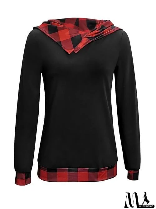 MidiSono - Plaid Long Sleeve Hooded Blouse