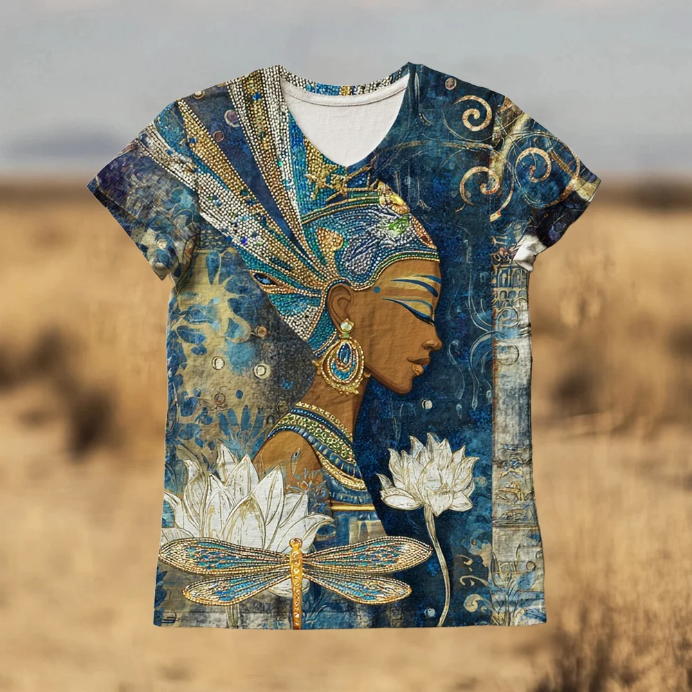 Egyptian Goddess & Dragonfly Floral Pattern Women's Linen V-neck T-shirt