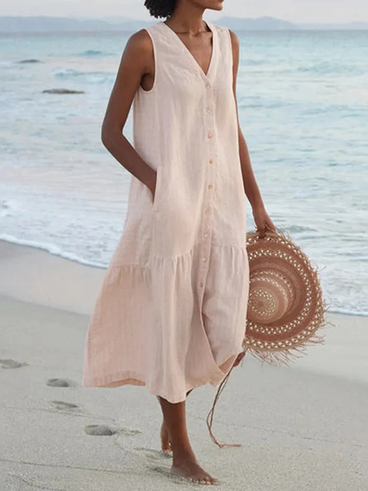 Vintage Plain V Neck Button Down Sleeveless Maxi Dress Vintage Plain V Neck Button Down Sleeveless Maxi Dress