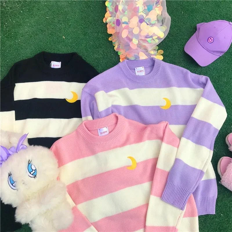 Pink/Purple/Black Kawaii Stripe Moon Sweater SP13290