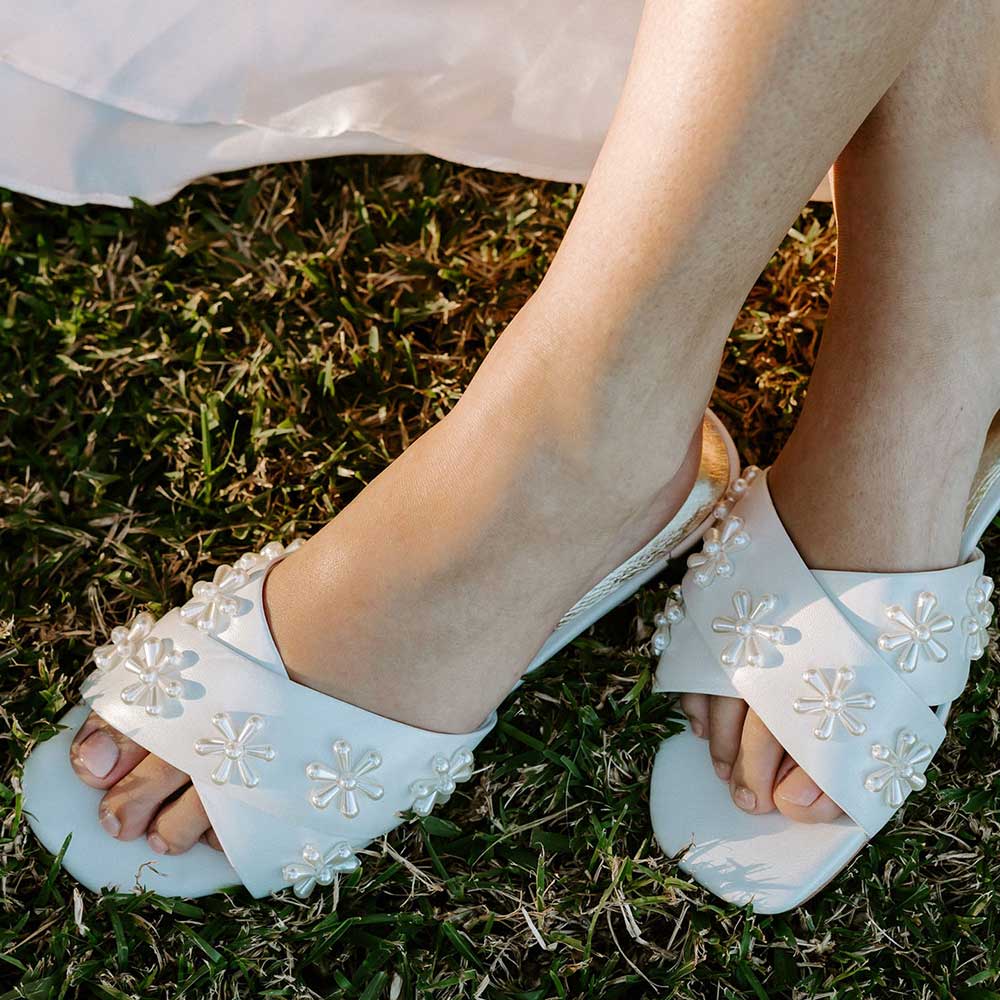 White Satin Square Toe Flat Pearl Inlay Slippers Nicepairs