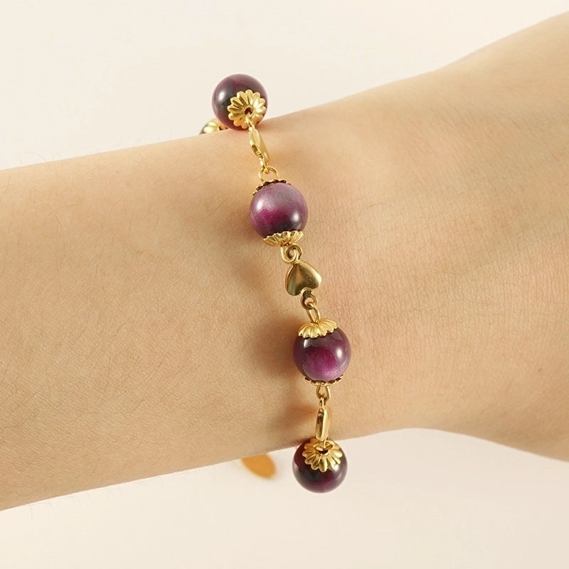 Retro Round 304 Stainless Steel 18K Gold Plated Beads Bracelets In Bulk