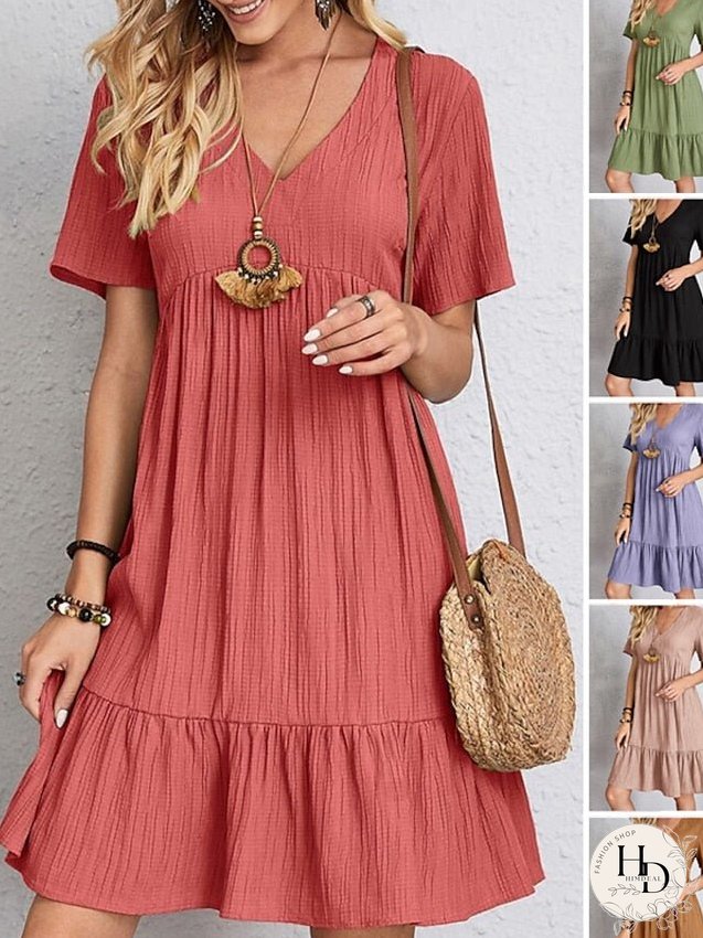 Casual Dress Shift Dress Plain Dress Plain Ruffle V Neck Midi Dress Basic Classic Outdoor Daily Short Sleeve Loose Fit Black Pink Red Spring Summer S M L XL XXL for Women