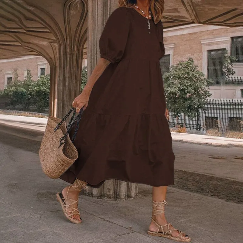 VONDA Women Summer Midi Dress Ladies Sexy Lantern Sleeve Beach Sundress 2022 Fashion Ruffled Casual Solid Bohemian Vestidos Robe