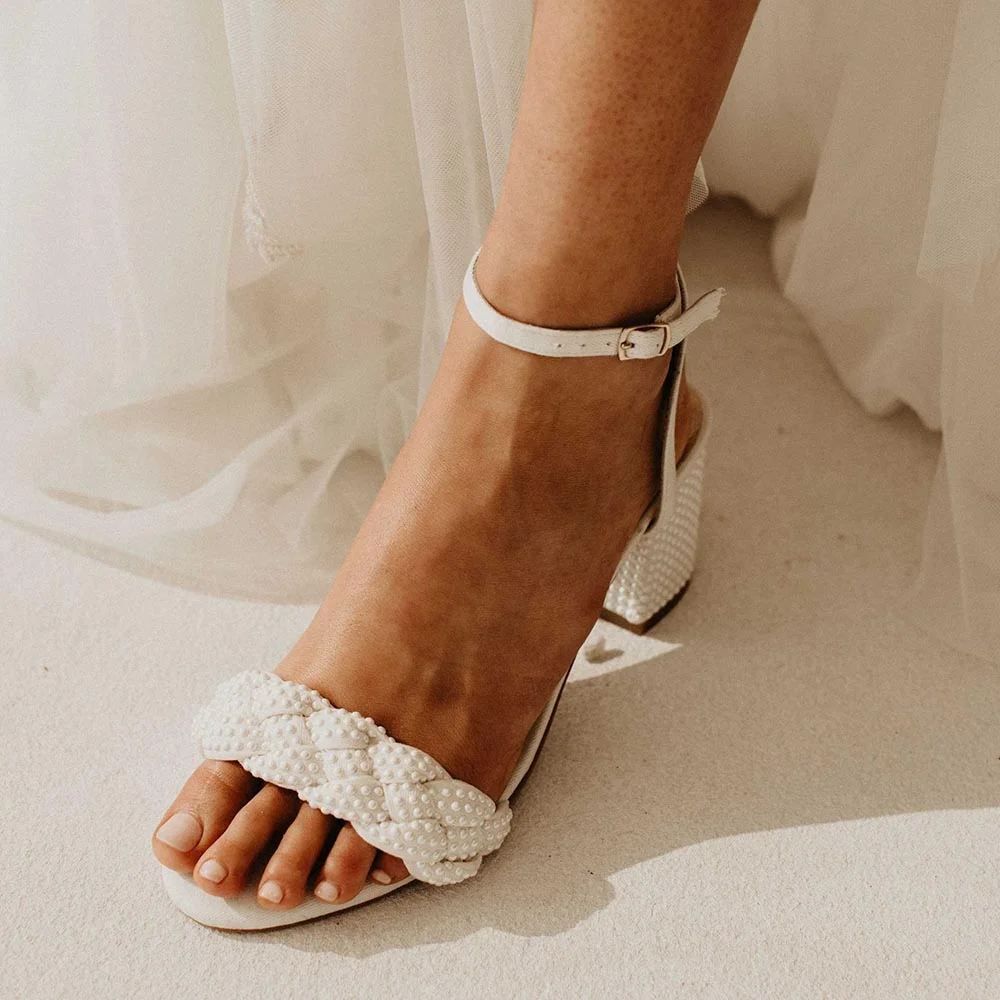 Ivory Vegan Leather Opened Toe Pearl Ankle Strappy Sandals With Chunky heels Nicepairs