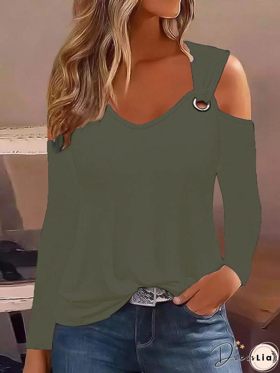 Feminine One Shoulder Long Sleeve T-Shirt with Metal Detail