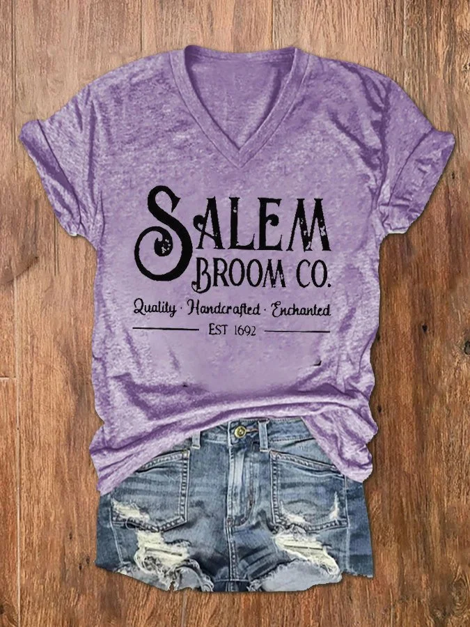 Women's Salem Broom Co Quality Handcrafted Enchanted Est 1692 Print V-Neck T-Shirt socialshop