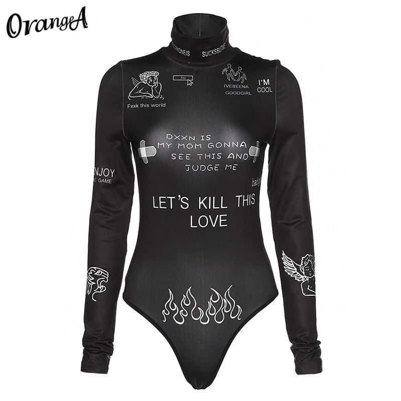 OrangeA Summer Women Slim Casual Letter Print Bodycon Bodysuit Long Sleeve Turtleneck Elastic Sporty Fitness Skinny Streetwear