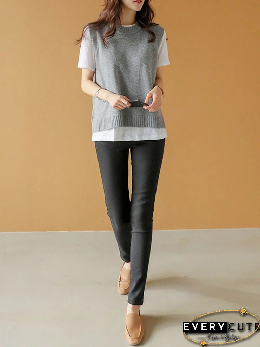 Simple Sleeveless Loose Buttoned Solid Color Round-Neck Sweater Vest Outerwear