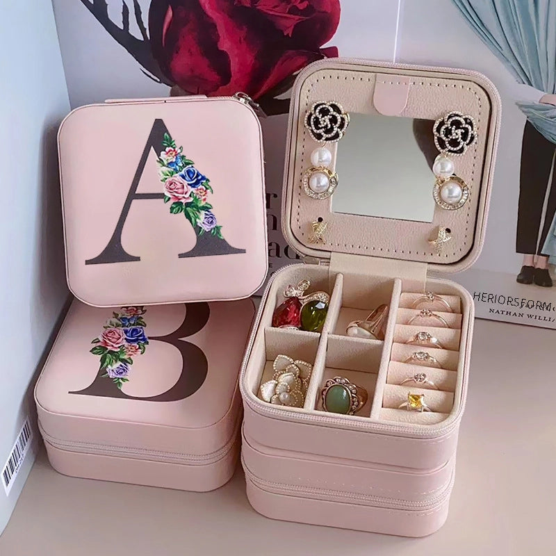 PU Simple Storage Mirror Box 26 Printed Letter Jewelry Box Portable Jewelry Storage Box Earrings Ring Box