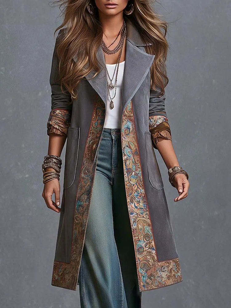 Boho Gray Paisley Trim Longline Lapel Coat