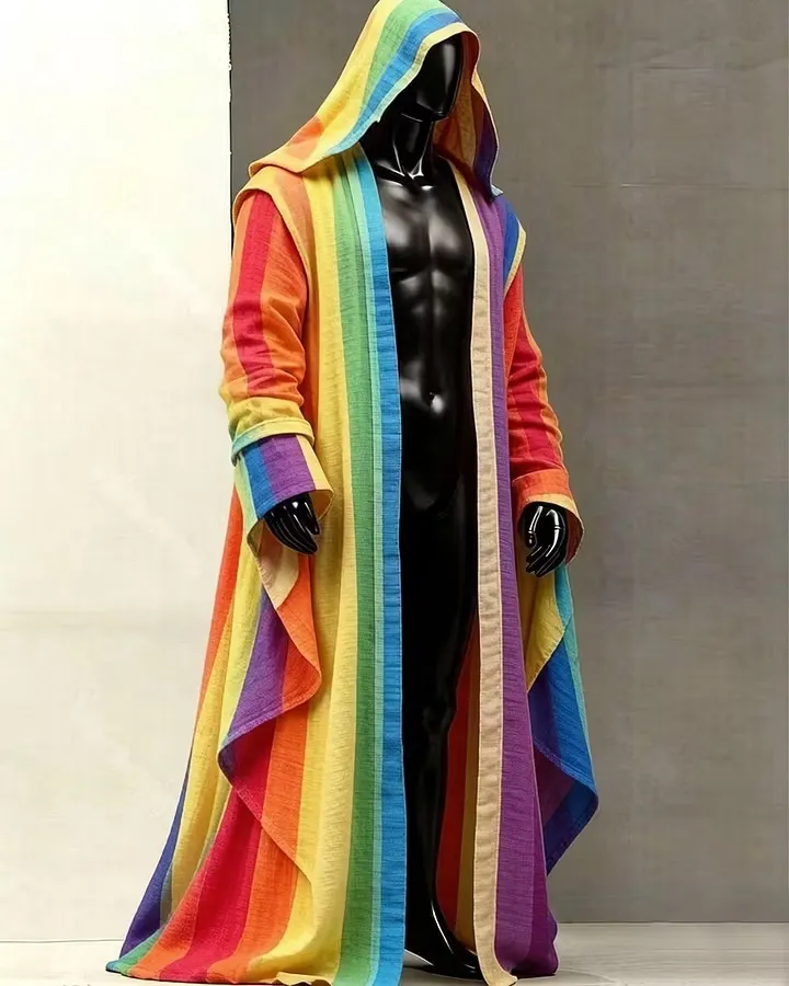Men's Fashion Color Block Linen Hooded Cape8517