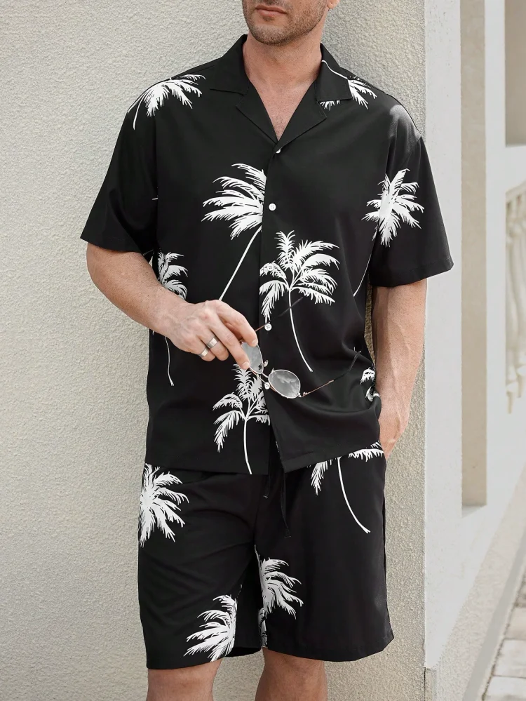[S-3XL]Men's Classic Casual Striped Digital Print Cuban Collar Shirt Shorts Two-Piece Set