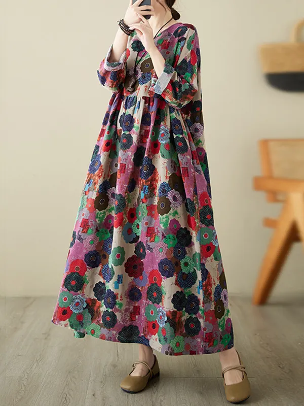 A-Line Long Sleeves Flower Print Split-Joint High Neck Midi Dresses