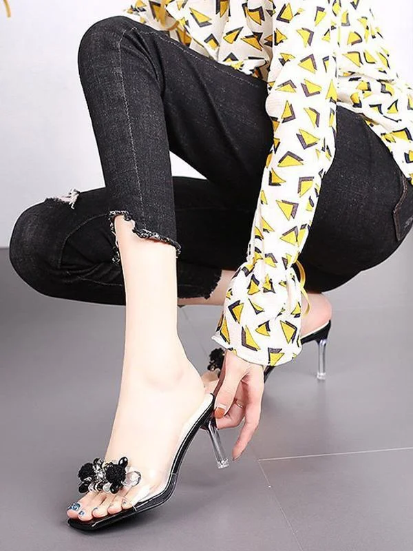 Fashionable rhinestone bow transparent high stiletto slippers