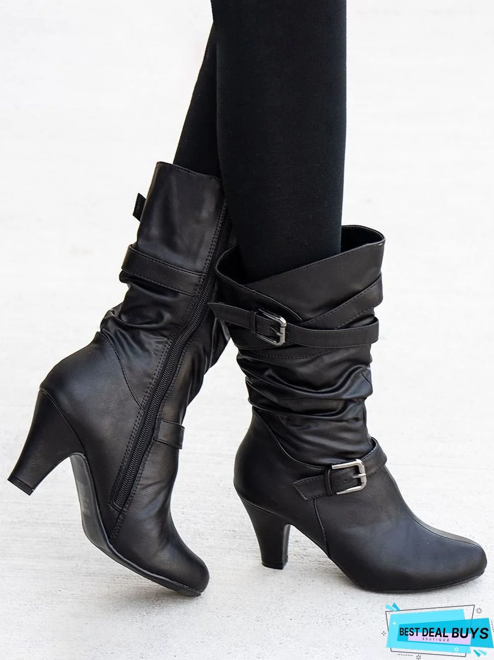 Casual Ruched Buckle Chunky Heel Boots