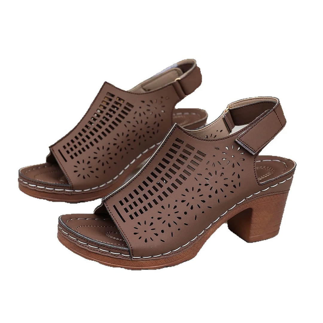 Yyvonne High-Heeled Sandals Summer New Hollow Fish-Mouthed Shoes Coarse Heel Breathable Sexy Sandals
