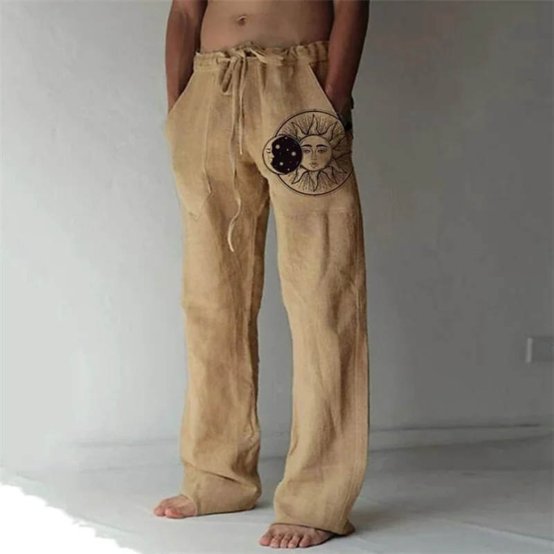 Aonga Autumn Outfits     Vintage Graphic Print Mens Cotton Linen Trouser Casual Summer Loose Drawstring Beach Pants Men Fashion Long Pant Streetwear