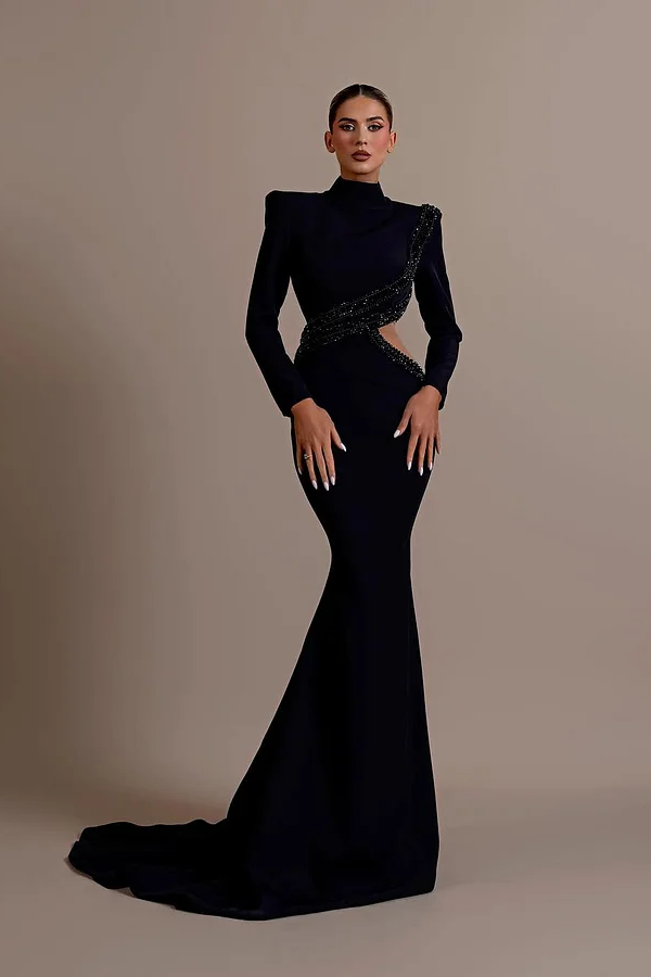 Daisda Black Long Sleeves High Neck Beads Mermaid Prom Dress