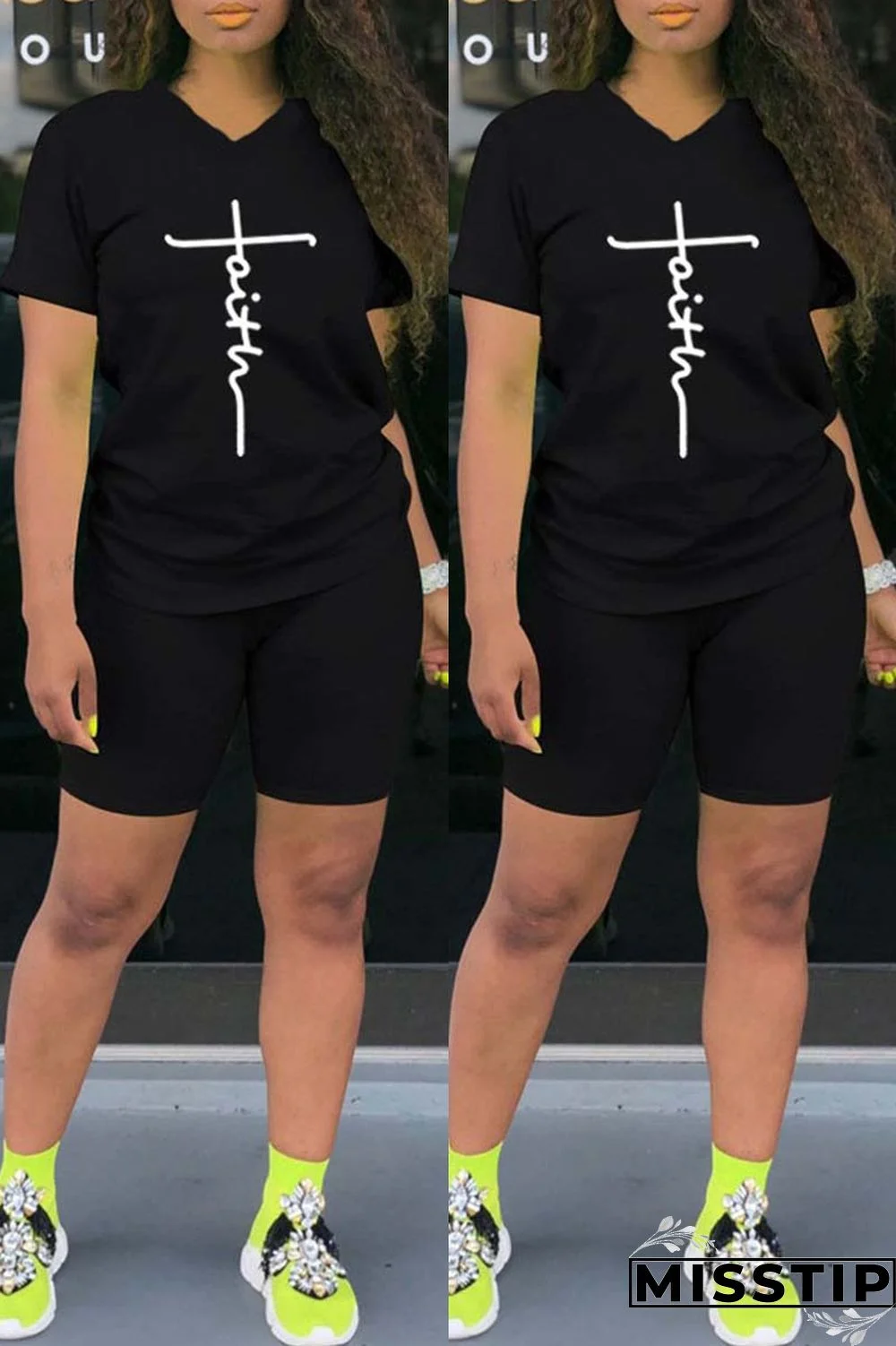 Black Casual Print Basic V Neck Short Sleeve Two Pieces