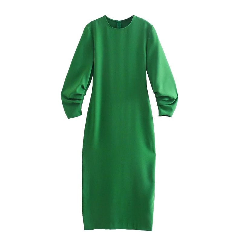 KPYTOMOA Women 2021 Chic Fashion With Gathered Detail Green Midi Dress Vintage Long Sleeve Back Zipper Female Dresses Vestidos