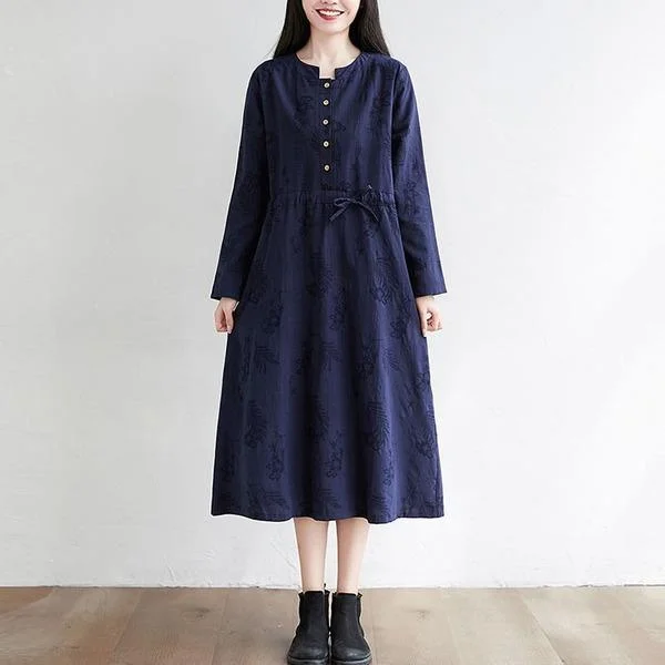 Women Cotton Linen Long  Vintage Solid Color Loose Ladies Casual A-line Dresses