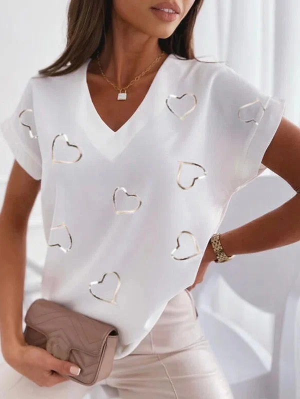 Spring/Summer New Style White Heart Shape Printed V-neck Casual T-shirt VangoghDress
