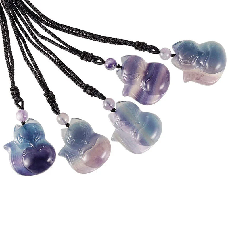 Natural Fluorite Gold Sheen Obsidian Fox Pendant Protection Necklace