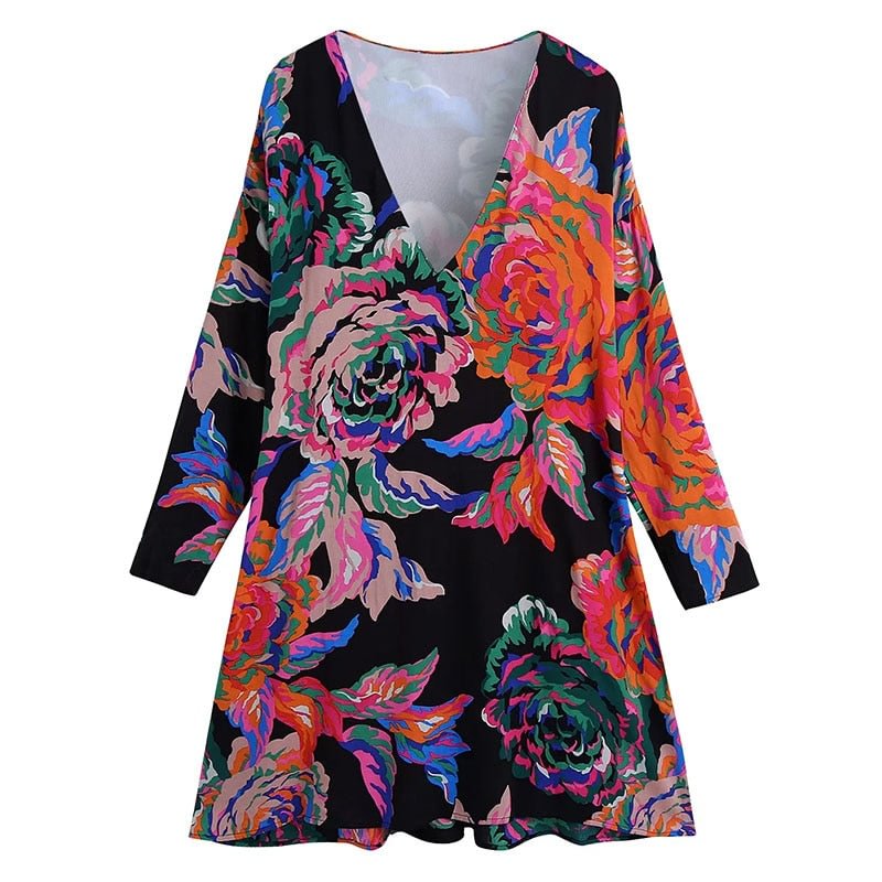 Aachoae Women Sexy Deep V Neck Mini Dresses Vintage Floral Printed Long Sleeve A Line Dresses Female Chic Dresses With Back Tie
