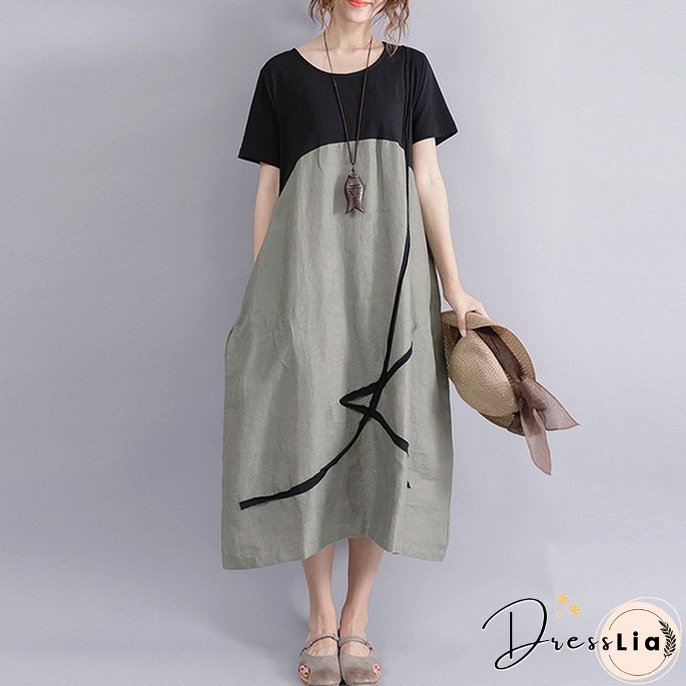 Boho Vintage Women Pullover Loose Patchwork Maxi Long Dress Casual Baggy Vestidos Robes