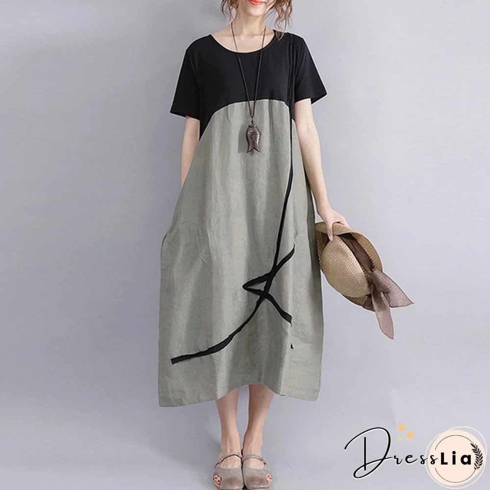 Boho Vintage Women Pullover Loose Patchwork Maxi Long Dress Casual Baggy Vestidos Robes