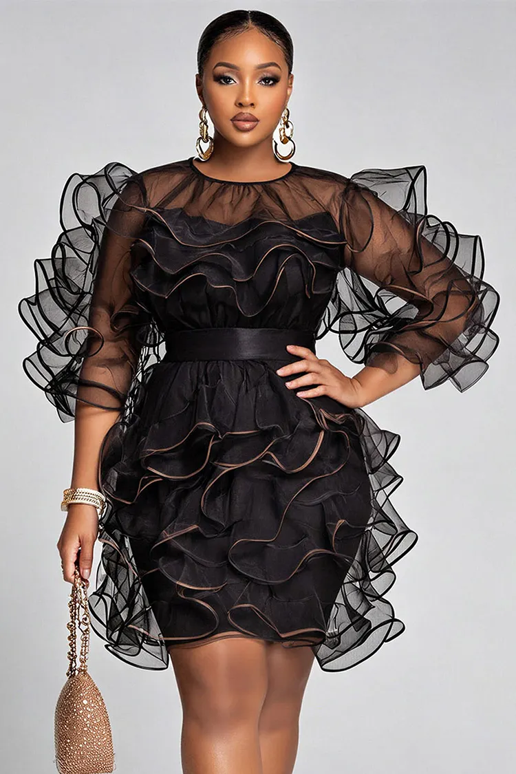 Xpluswear Design Plus Size Party Elegant Black Round Neck Short Sleeve Ruffle Contrast Organza Mini Dresses [Pre-Order] 2024 - Xpluswear