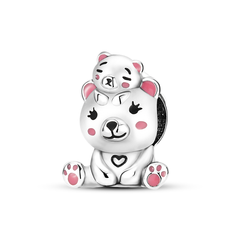 Sterling Silver Lovely Baby Bear and Mother Bear Pendant Clear CZ Charm fit Charm Bracelet DIY Jewelry KTC103