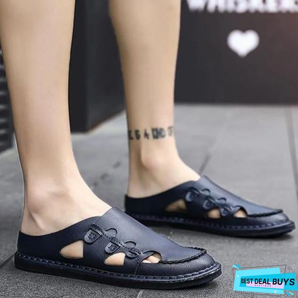 Men's Genuine Leather Sandals Shoes Summer Leisure Beach Sandals Slippers
