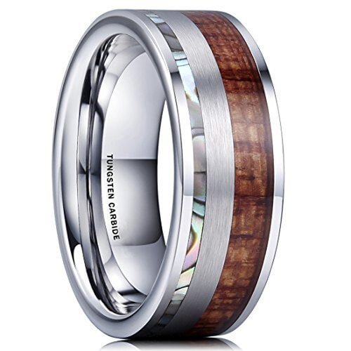 Women's Or Men's Wedding Tungsten Carbide Wedding Band Rings,Rainbow Abalone Shell & Wood Inlay.Flat Edged Tungsten Carbide Ring.Comfort Fit Brushed Tungsten Carbide Wedding Ring With Mens And Womens For Width 4MM 6MM 8MM 10MM