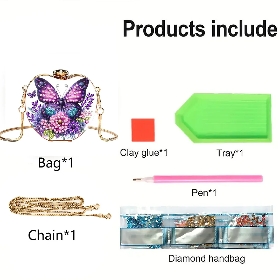 Purple Butterfly DIY Acrylic Love Diamond Art Painting Card Case Wallet with Chain Small Diamond Painting Crossbody Bag for Adults Women Girls Gift